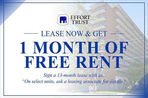 A sign advertising a 1 month free rent offer from Effort Trust.