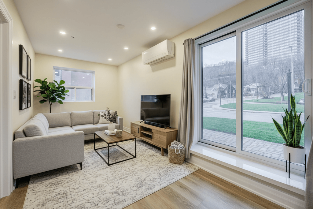 A living room with a grey couch, a coffee table, a flat screen TV, and a large window with a view of a green lawn.
