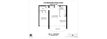 A floor plan for a home at 270 Mohawk Road East in Hamilton, ON, showing the layout of the bedrooms, living room, kitchen, dining room, and balcony.