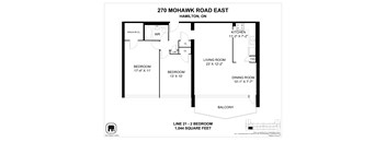 A floor plan for a home at 270 Mohawk Road East in Hamilton, ON, showing the layout of the bedrooms, living room, kitchen, dining room, and balcony.