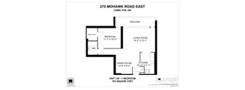 A floor plan for a unit at 270 Mohawk Road East in Hamilton, ON, showing a bedroom, living room, dining room, kitchen, and balcony.