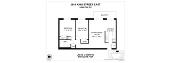 A floor plan for a 2 bedroom apartment at 2641 King Street East, Hamilton, ON.