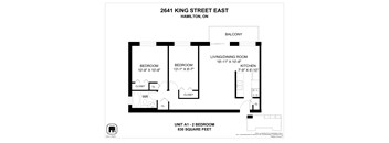 A floor plan for a 2 bedroom apartment at 2641 King Street East, Hamilton, ON.