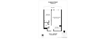 A floor plan for a duplex at 75 Main Street shows a bedroom, living/dining room, kitchen, and a balcony.