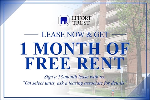 A sign advertising a 1 month free rent offer from Effort Trust.