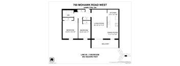 A floor plan for a home at 760 Mohawk Road West in Hamilton, ON, showing the layout of the bedrooms, living room, kitchen, dining room, and balcony.