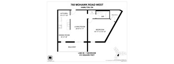 A floor plan for a one bedroom apartment at 760 Mohawk Road West, Hamilton, OH.