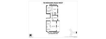 A floor plan for a 1,108 square feet unit at 760 Mohawk Road West, Hamilton, ON.