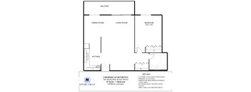 A floor plan of a 1 bedroom apartment for rent.