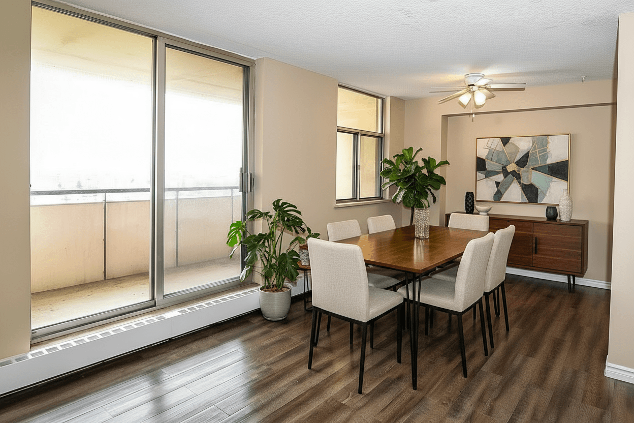A dining room with a table and chairs.