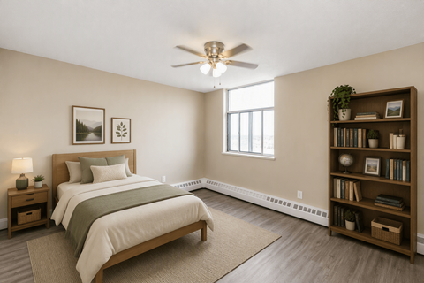 A bedroom with a large bed and a bookshelf.