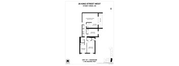 A floor plan for a unit at 28 King Street West, showing a living/dining room, kitchen, and two bedrooms.