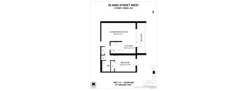A black and white image of a floor plan for a 28 King Street West apartment.