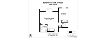 A floor plan for a condo at 620 Concession Street in Hamilton, ON.