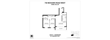 A floor plan for a home at 750 Mohawk Road West in Hamilton, ON, showing the layout of the bedrooms, living room, kitchen, dining room, and balcony.