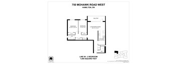 A floor plan for a home at 750 Mohawk Road West in Hamilton, ON, showing the layout of the bedrooms, living/dining room, kitchen, and balcony.