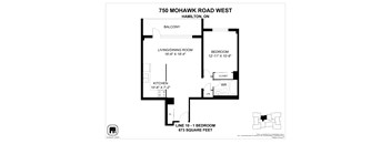 A floor plan for a home at 750 Mohawk Road West in Hamilton, ON, showing a living/dining room, kitchen, and two bedrooms.