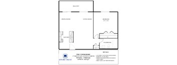 A floor plan of a 1 bedroom apartment in The Commodore.