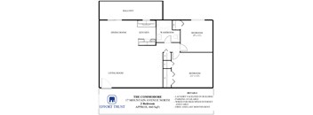 A floor plan for a 2 bedroom apartment at The Commodore shows a living room, dining room, kitchen, two bedrooms, a balcony and a washroom.