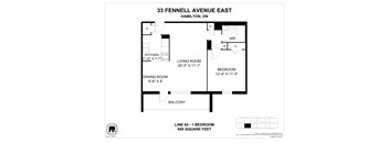 A floor plan for a one bedroom apartment at 33 Fennell Avenue East in Hamilton, Ontario.