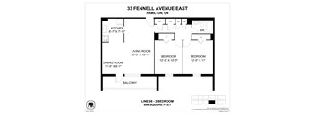 A floor plan for a two bedroom apartment at 33 Fennell Avenue East in Hamilton, Ontario.