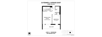 A floor plan for a one bedroom apartment at 33 Fennell Avenue East in Hamilton, Ontario.