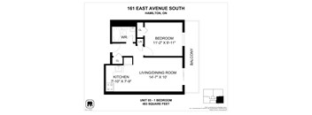 A floor plan for a unit at 161 East Avenue South in Hamilton, ON, showing a bedroom, living/dining room, and kitchen.