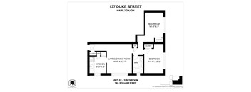 A floor plan for a 2 bedroom apartment at 137 Duke Street, Hamilton, ON.