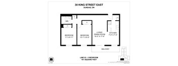 A floor plan for a property at 30 King Street East shows two bedrooms, a living/dining area, a kitchen, and a balcony.