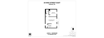 A floor plan for a one bedroom apartment at 30 King Street East in Dundas, Ontario.