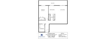 A floor plan of a building with a balcony, bedroom, dining room, living room, kitchen, washroom, and a courtyard.