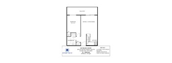 A floor plan of a 1 Bedroom apartment in the Dundurn Court building.
