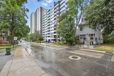 A wet street with a tree and a building in the background.
