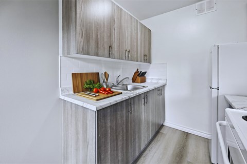 A kitchen with a white refrigerator and wooden cabinets.