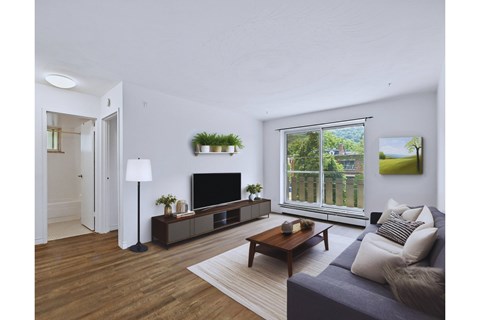 A living room with a grey couch and a wooden coffee table.