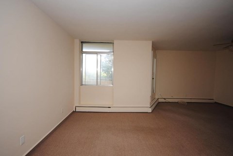 A room with a window and carpeted floor.