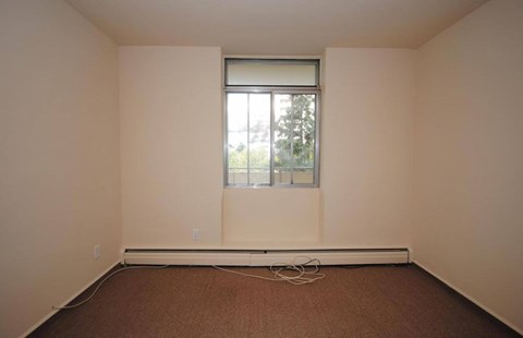 A room with a window and a brown carpet.