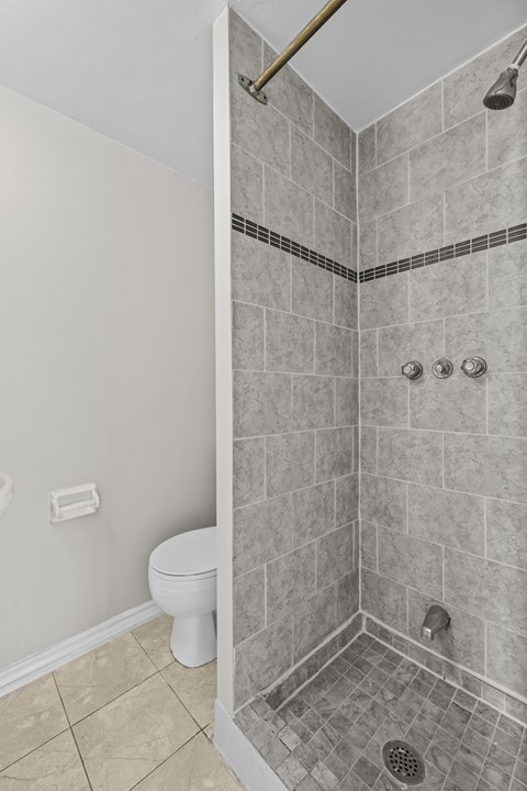 A bathroom with a toilet, tiled shower, and a white wall.