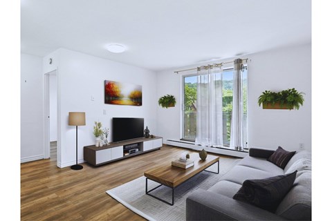 A living room with a grey couch and a wooden coffee table.