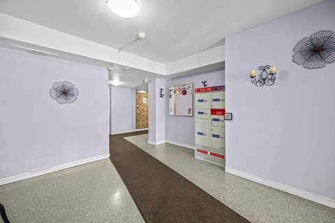 A hallway with a brown carpet and white walls.