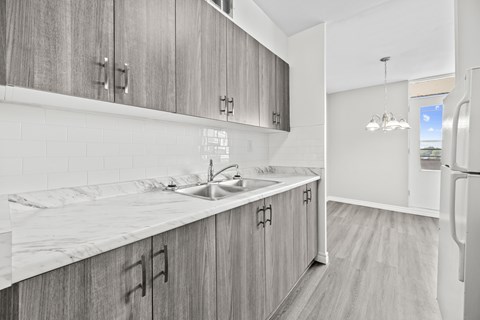 A kitchen with wooden cabinets and a marble countertop.