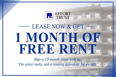A sign advertising a 1 month free rent offer from Effort Trust.