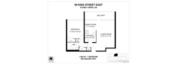 A floor plan for a property at 90 King Street East shows a bedroom, a living room, a dining room, a kitchen, a balcony, and a laundry room.