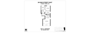 A floor plan for a home at 90 King Street East shows three bedrooms and a balcony.