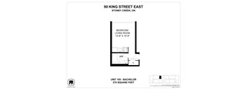 A floor plan for a unit at 90 King Street East shows a bedroom and living room.