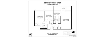 A floor plan for a home at 90 King Street East shows the layout of the bedrooms, living room, kitchen, dining room, and patio.