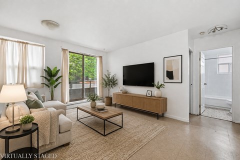 A living room with a couch, a coffee table, a TV, and a plant.