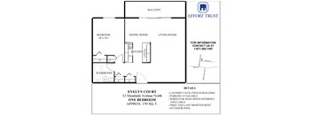 A floor plan for a rental property at Evelyn Court shows a bedroom, a dining room, a living room, a kitchen, and a washroom.