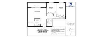 A floor plan for a two bedroom apartment with a living room, dining room, kitchen, and two bathrooms.