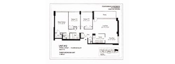 A drawing of apartment unit #12 showing a typical layout with three bedrooms and a living area.